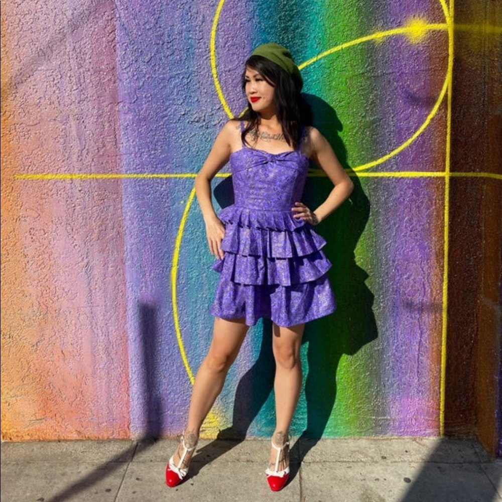 Purple Retro Floral Print Pleated Dress